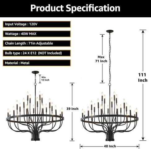 HHR 40 بوصة مزرعة بهو الثريا مدخل السقف العالي 24 ضوء، شمعة الثريا تركيبات الإضاءة الحديثة الثريات السوداء لغرفة الطعام غرفة النوم المدخل المطبخ غرفة المعيشة in Kuwait