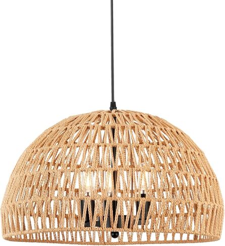 18-Inch Rattan Chandelier, 3-Light Boho Pendant Lighting, Hand-Woven Light Fixture with Adjustable Cable, Modern Farmhouse Hanging Ceiling Light for Dining Room, Bedroom, Entryway EH65080P3 in Saudi Arabia