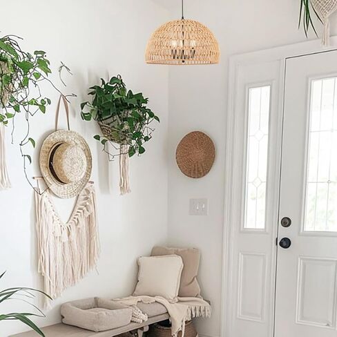 18-Inch Rattan Chandelier, 3-Light Boho Pendant Lighting, Hand-Woven Light Fixture with Adjustable Cable, Modern Farmhouse Hanging Ceiling Light for Dining Room, Bedroom, Entryway EH65080P3 in Saudi Arabia