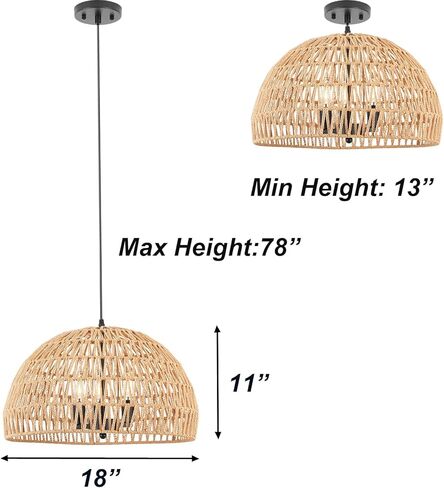 18-Inch Rattan Chandelier, 3-Light Boho Pendant Lighting, Hand-Woven Light Fixture with Adjustable Cable, Modern Farmhouse Hanging Ceiling Light for Dining Room, Bedroom, Entryway EH65080P3 in Saudi Arabia