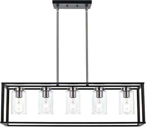 VINLUZ Contemporary Chandeliers Brushed Nickel 5 Light Modern Dining Room Lighting Fixtures Hanging, Kitchen Island Linear Pendant Lights Farmhouse Flush Mount Ceiling Light with Glass Shade in Kuwait