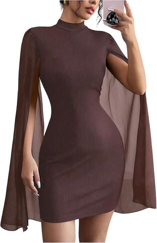 Women's Cocktail Dress Wedding Guest Dress Cape Sleeve Cloak Mock Neck Bodycon Rib Knit Mini Sundress in Saudi Arabia