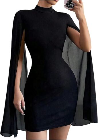 Women's Cocktail Dress Wedding Guest Dress Cape Sleeve Cloak Mock Neck Bodycon Rib Knit Mini Sundress in Saudi Arabia
