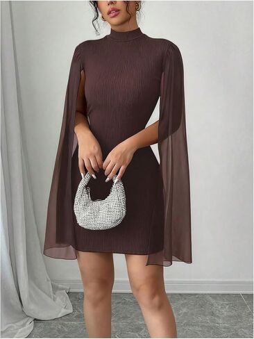 Women's Cocktail Dress Wedding Guest Dress Cape Sleeve Cloak Mock Neck Bodycon Rib Knit Mini Sundress in Saudi Arabia