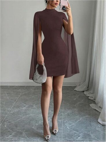 Women's Cocktail Dress Wedding Guest Dress Cape Sleeve Cloak Mock Neck Bodycon Rib Knit Mini Sundress in Saudi Arabia
