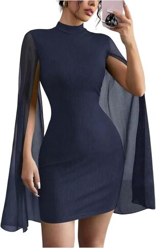Women's Cocktail Dress Wedding Guest Dress Cape Sleeve Cloak Mock Neck Bodycon Rib Knit Mini Sundress in Saudi Arabia
