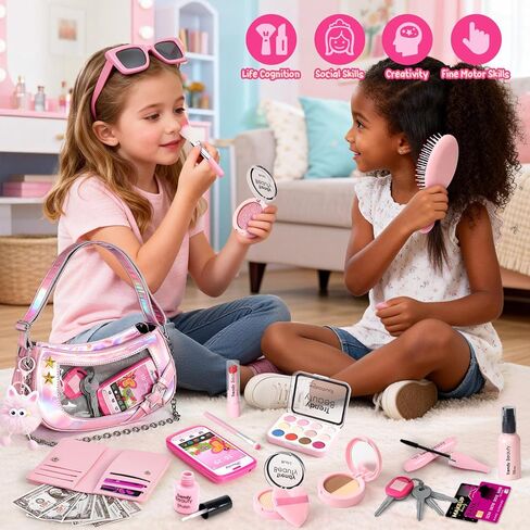 محفظة للأطفال الصغار للفتيات الصغيرات، مجموعة ألعاب مكياج للعب التظاهري للأطفال الصغار من سن 3 إلى 5 سنوات مع لعبة قطيفة/ هاتف/ محفظة، محفظة أطفالي الأولى هدايا عيد ميلاد للأميرة لعمر 3 4 5 6 7 8 سنوات من الفتيات الصغيرات in Kuwait
