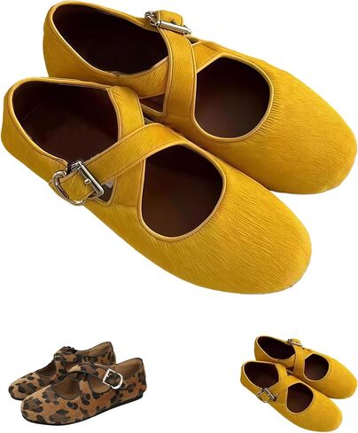 أحذية مسطحة للنساء من جلد الغزال ماري جين بمقدمة مستديرة أحذية باليه مسطحة أنيقة وأشرطة متقاطعة مريحة سهلة الارتداء in Kuwait