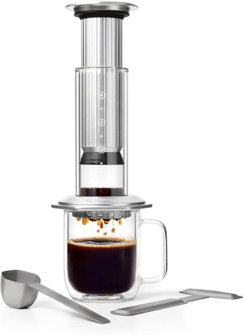AeroPress Premium Coffee Press, Glass, Stainless Steel & Aluminum Coffee Maker, all-in-One French Press, Pour-Over & Espresso-Style manual brewer, 2 min brew for less bitterness, more flavor (Black) in Kuwait