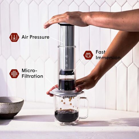 AeroPress Premium Coffee Press, Glass, Stainless Steel & Aluminum Coffee Maker, all-in-One French Press, Pour-Over & Espresso-Style manual brewer, 2 min brew for less bitterness, more flavor (Black) in Kuwait