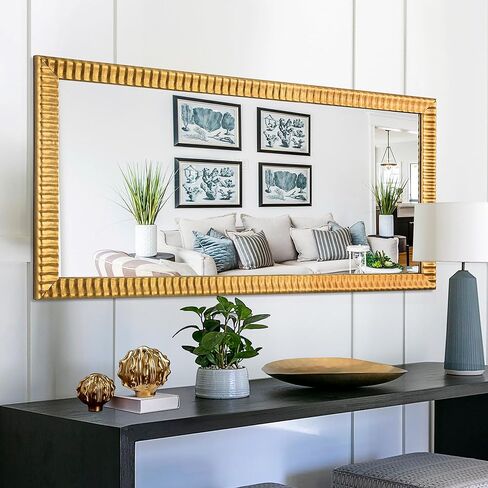 Chende 22" x 46" Decorative Wall Mirror for Dining Room Decor, Large Gold Mirror with 3D Wave Wood Carved Frame, Unique Rectangle Wall Decor, Hang Horizontally/Vertically in Kuwait