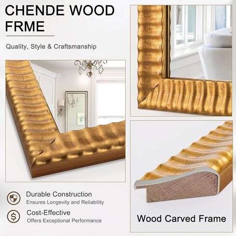 Chende 22" x 46" Decorative Wall Mirror for Dining Room Decor, Large Gold Mirror with 3D Wave Wood Carved Frame, Unique Rectangle Wall Decor, Hang Horizontally/Vertically in Kuwait