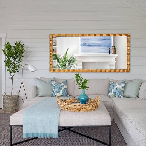 Chende 22" x 46" Decorative Wall Mirror for Dining Room Decor, Large Gold Mirror with 3D Wave Wood Carved Frame, Unique Rectangle Wall Decor, Hang Horizontally/Vertically in Kuwait