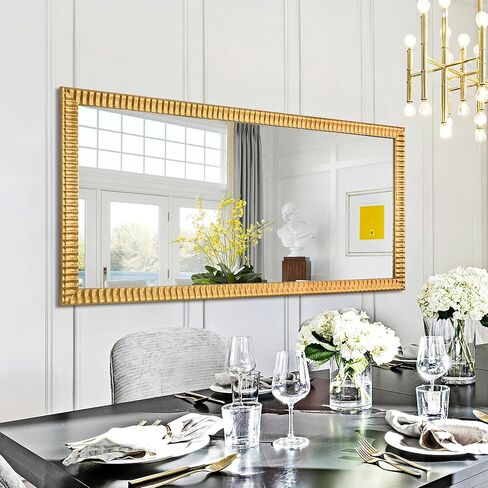 Chende 22" x 46" Decorative Wall Mirror for Dining Room Decor, Large Gold Mirror with 3D Wave Wood Carved Frame, Unique Rectangle Wall Decor, Hang Horizontally/Vertically in Kuwait