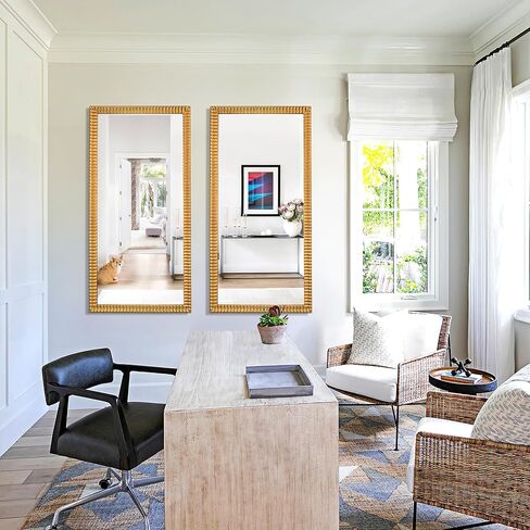 Chende 22" x 46" Decorative Wall Mirror for Dining Room Decor, Large Gold Mirror with 3D Wave Wood Carved Frame, Unique Rectangle Wall Decor, Hang Horizontally/Vertically in Kuwait