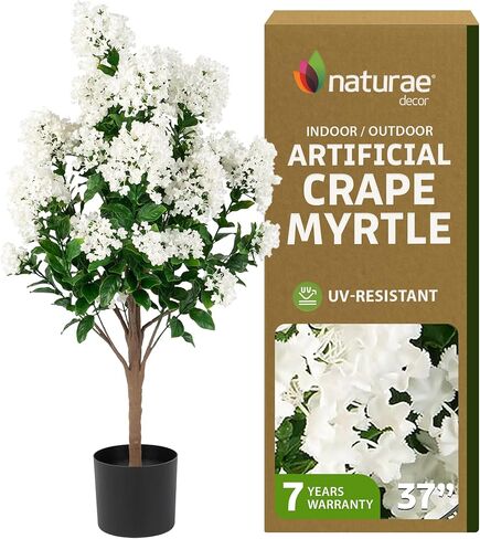 شجرة الكريب ميرتل البيضاء من Naturae Decor - شجرة زهور صناعية داخلية وخارجية نابضة بالحياة - مقاومة للأشعة فوق البنفسجية - ارتفاع 91.44 سم in Kuwait