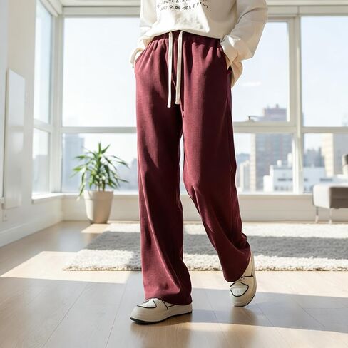 Men's Red Wide Leg Corduroy Pants - Baggy Casual Trousers, Elastic Waist Ribbed Pants for Indoor & Outdoor in Saudi Arabia
