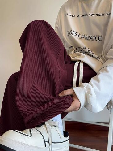 Men's Red Wide Leg Corduroy Pants - Baggy Casual Trousers, Elastic Waist Ribbed Pants for Indoor & Outdoor in Saudi Arabia