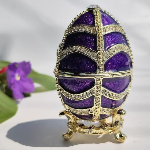 صندوق مجوهرات على شكل بيضة عيد الفصح مطلي يدويًا مع أحجار الراين المتلألئة لتخزين سطح المكتب على شكل بيضة فابرجيه صندوق حلية منظم للأقراط ديكور المنزل والمكتب باللون الأرجواني in Kuwait