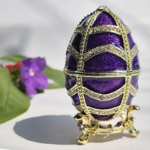 صندوق مجوهرات على شكل بيضة عيد الفصح مطلي يدويًا مع أحجار الراين المتلألئة لتخزين سطح المكتب على شكل بيضة فابرجيه صندوق حلية منظم للأقراط ديكور المنزل والمكتب باللون الأرجواني in Kuwait