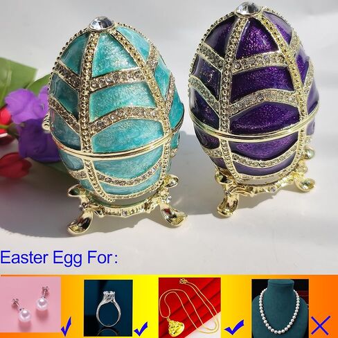 صندوق مجوهرات على شكل بيضة عيد الفصح مطلي يدويًا مع أحجار الراين المتلألئة لتخزين سطح المكتب على شكل بيضة فابرجيه صندوق حلية منظم للأقراط ديكور المنزل والمكتب باللون الأرجواني in Kuwait