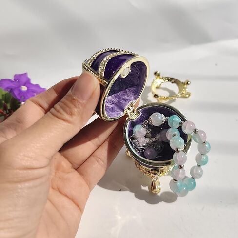 صندوق مجوهرات على شكل بيضة عيد الفصح مطلي يدويًا مع أحجار الراين المتلألئة لتخزين سطح المكتب على شكل بيضة فابرجيه صندوق حلية منظم للأقراط ديكور المنزل والمكتب باللون الأرجواني in Kuwait