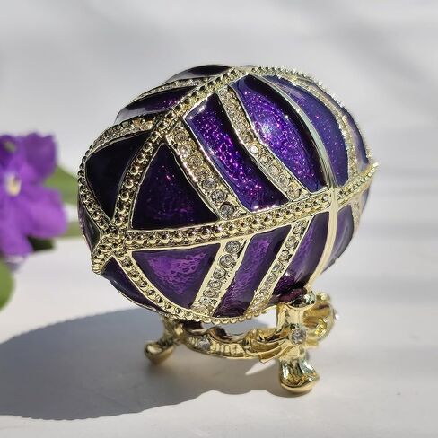 صندوق مجوهرات على شكل بيضة عيد الفصح مطلي يدويًا مع أحجار الراين المتلألئة لتخزين سطح المكتب على شكل بيضة فابرجيه صندوق حلية منظم للأقراط ديكور المنزل والمكتب باللون الأرجواني in Kuwait