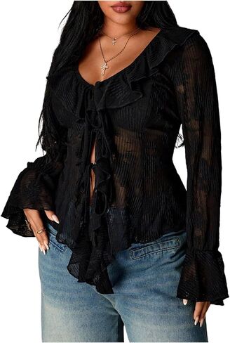Women's Plus Size Ruffle Bell Long Sleeve T Shirts Sheer Tie Front Deep V Neck Tops Going Out Outfits in Saudi Arabia