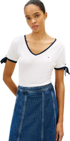 Tommy Hilfiger Women's Ribbed Regular V-Neck T-Shirt with Bow in Saudi Arabia