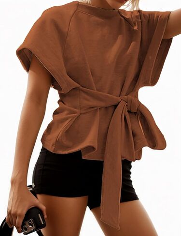 Womens Summer Wrap Top Short Sleeves Tee Shirts Workout Top Crewneck Tie Front Tops Sweatshirt Fashion Clothes in Saudi Arabia