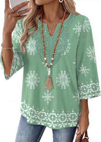 Ivicoer 3/4 كم طول المرأة بلايز بوهو الخامس الرقبة الدانتيل قميص عطلة الملابس البلوزات العصرية متأنق عادية in Kuwait