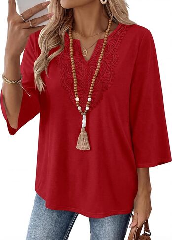 Ivicoer 3/4 Length Sleeve Womens Tops Boho V Neck Lace Shirt Vacation Clothes Trendy Blouses Dressy Casual in Saudi Arabia