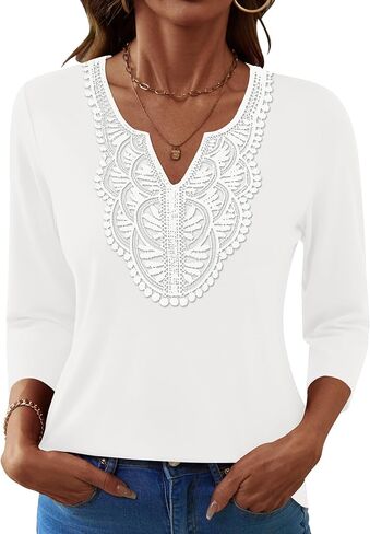 Ivicoer 3/4 Length Sleeve Womens Tops Boho V Neck Lace Shirt Vacation Clothes Trendy Blouses Dressy Casual in Saudi Arabia