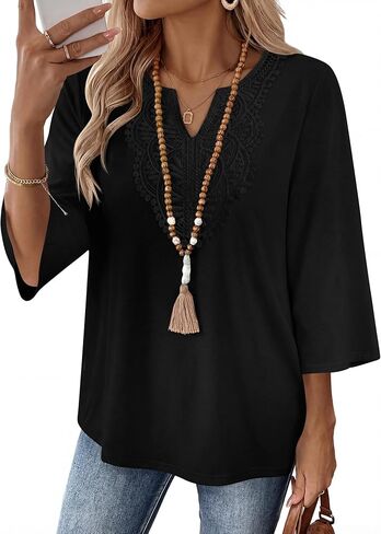 Ivicoer 3/4 Length Sleeve Womens Tops Boho V Neck Lace Shirt Vacation Clothes Trendy Blouses Dressy Casual in Saudi Arabia