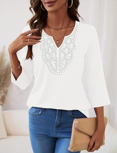 Ivicoer 3/4 Length Sleeve Womens Tops Boho V Neck Lace Shirt Vacation Clothes Trendy Blouses Dressy Casual in Saudi Arabia