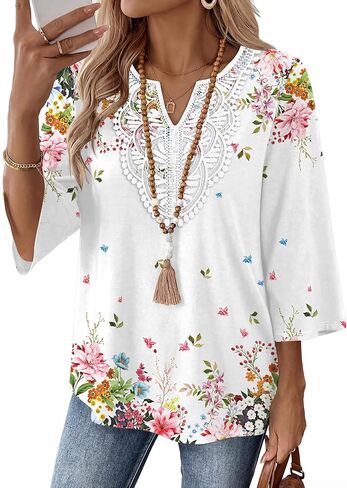 Ivicoer 3/4 Length Sleeve Womens Tops Boho V Neck Lace Shirt Vacation Clothes Trendy Blouses Dressy Casual in Saudi Arabia