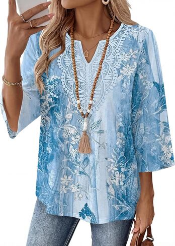 Ivicoer 3/4 Length Sleeve Womens Tops Boho V Neck Lace Shirt Vacation Clothes Trendy Blouses Dressy Casual in Saudi Arabia