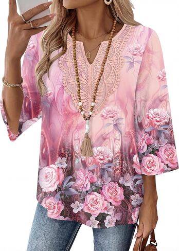 Ivicoer 3/4 Length Sleeve Womens Tops Boho V Neck Lace Shirt Vacation Clothes Trendy Blouses Dressy Casual in Saudi Arabia