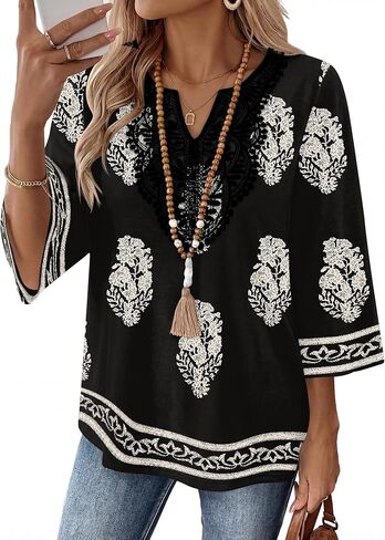 Ivicoer 3/4 Length Sleeve Womens Tops Boho V Neck Lace Shirt Vacation Clothes Trendy Blouses Dressy Casual in Saudi Arabia