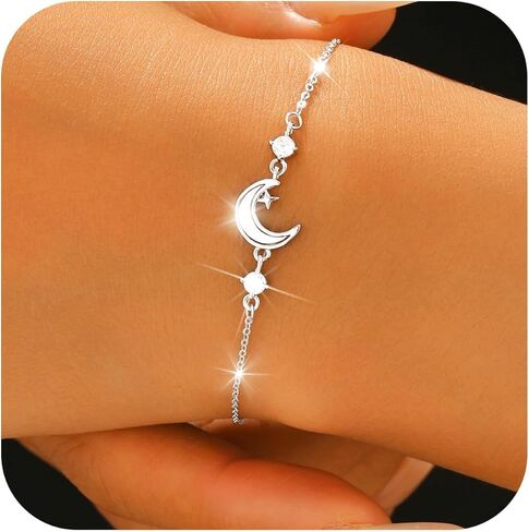 Moon Bracelet For Women Crescent Sterling Silver Bracelets Dainty Link Chain Charm Bracelet CZ Diamond Personalized White Shell Moon Star Adjustable Bangle Bracelets Mother's Day Ramadan Valentine's Day Birthday Anniversary Jewelry Gift For Her Women Love in Saudi Arabia