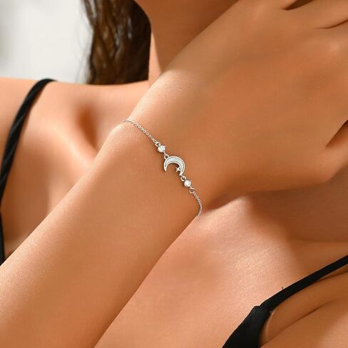 Moon Bracelet For Women Crescent Sterling Silver Bracelets Dainty Link Chain Charm Bracelet CZ Diamond Personalized White Shell Moon Star Adjustable Bangle Bracelets Mother's Day Ramadan Valentine's Day Birthday Anniversary Jewelry Gift For Her Women Love in Saudi Arabia
