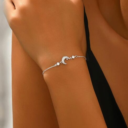 Moon Bracelet For Women Crescent Sterling Silver Bracelets Dainty Link Chain Charm Bracelet CZ Diamond Personalized White Shell Moon Star Adjustable Bangle Bracelets Mother's Day Ramadan Valentine's Day Birthday Anniversary Jewelry Gift For Her Women Love in Saudi Arabia