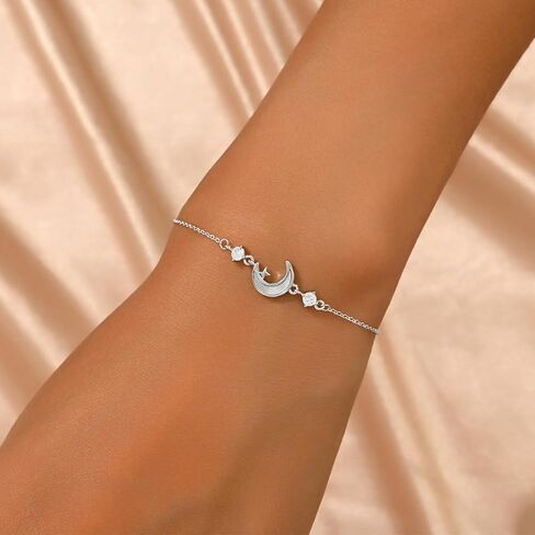 Moon Bracelet For Women Crescent Sterling Silver Bracelets Dainty Link Chain Charm Bracelet CZ Diamond Personalized White Shell Moon Star Adjustable Bangle Bracelets Mother's Day Ramadan Valentine's Day Birthday Anniversary Jewelry Gift For Her Women Love in Saudi Arabia