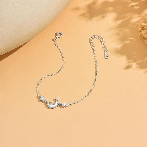 Moon Bracelet For Women Crescent Sterling Silver Bracelets Dainty Link Chain Charm Bracelet CZ Diamond Personalized White Shell Moon Star Adjustable Bangle Bracelets Mother's Day Ramadan Valentine's Day Birthday Anniversary Jewelry Gift For Her Women Love in Saudi Arabia