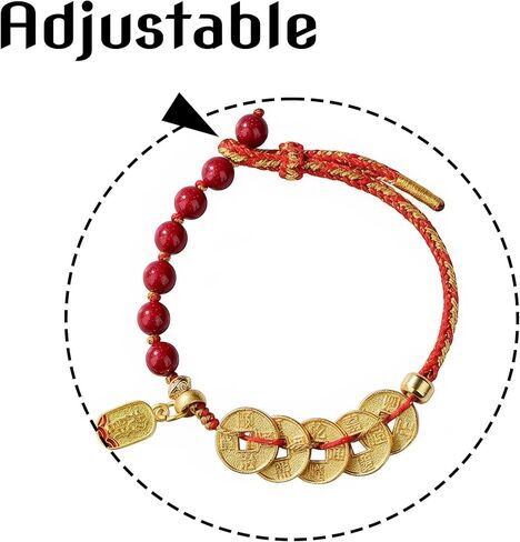 Feng Shui Cinnabar Bracelet - Five Emperor Coins Wealth Amulet - Red String Protection Jewelry for Women & Men - Good Luck Money Coin Beaded Adjustable Gift in Kuwait