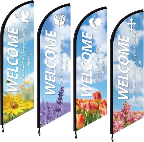 4 Pcs Welcome Feather Flag with Scripture Spring Church Banners Flag with Flowers Scenery Inspirational Religious Praise Banner Sign for Spring Easter Outdoor Yard Christian School Festival Decor in Saudi Arabia