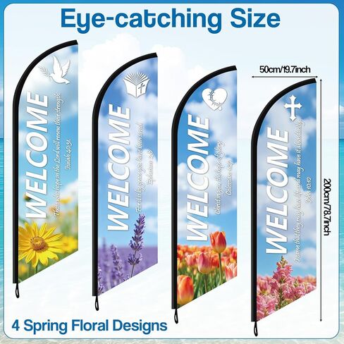 4 Pcs Welcome Feather Flag with Scripture Spring Church Banners Flag with Flowers Scenery Inspirational Religious Praise Banner Sign for Spring Easter Outdoor Yard Christian School Festival Decor in Saudi Arabia