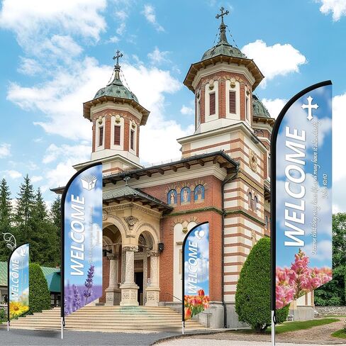 4 Pcs Welcome Feather Flag with Scripture Spring Church Banners Flag with Flowers Scenery Inspirational Religious Praise Banner Sign for Spring Easter Outdoor Yard Christian School Festival Decor in Saudi Arabia