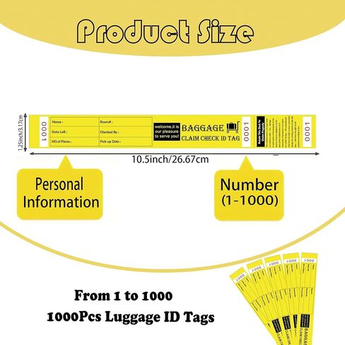 1000 Pcs Yellow Hotel Bag Identification Tags with Transfer Tape on Back Bag Claim Check Tag Luggage ID Tags Numbering from 0000 to 0999 for Hotel and Motel Suitcase Storage in Saudi Arabia