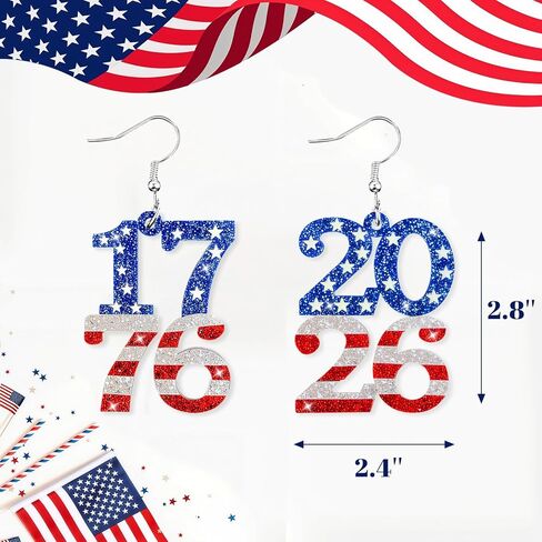 أقراط الرابع من يوليو للنساء، حلق يوم الاستقلال الوطني، إكسسوارات أقراط أكريليك للذكرى السنوية الـ 250 للولايات المتحدة الأمريكية لفكرة هدية in Kuwait